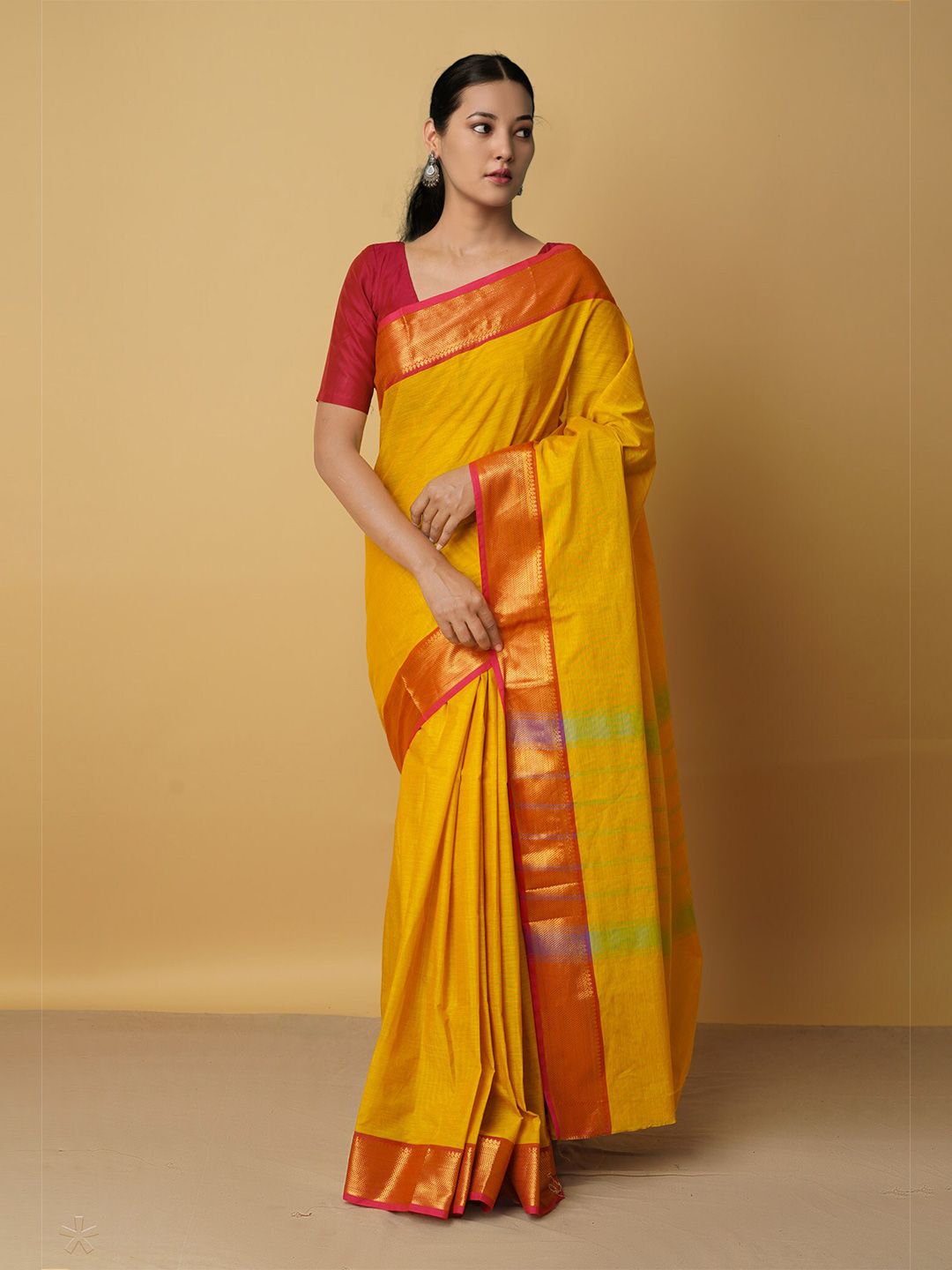 Unnati Silks Yellow & Gold-Toned Woven Design Zari Pure Cotton Chettinad Saree Price in India