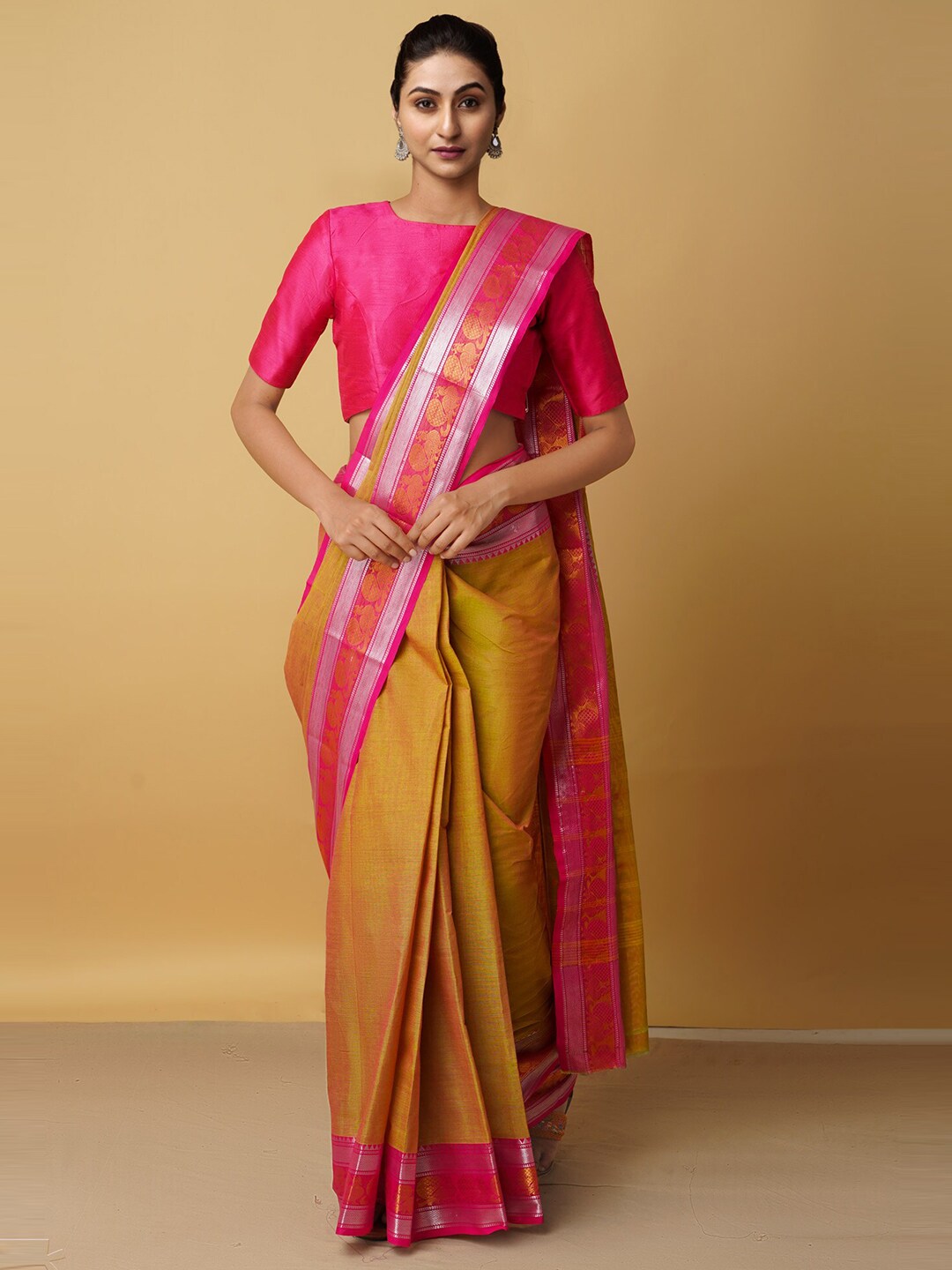 Unnati Silks Pink & Mustard Woven Design Zari Pure Cotton Chettinad Saree Price in India