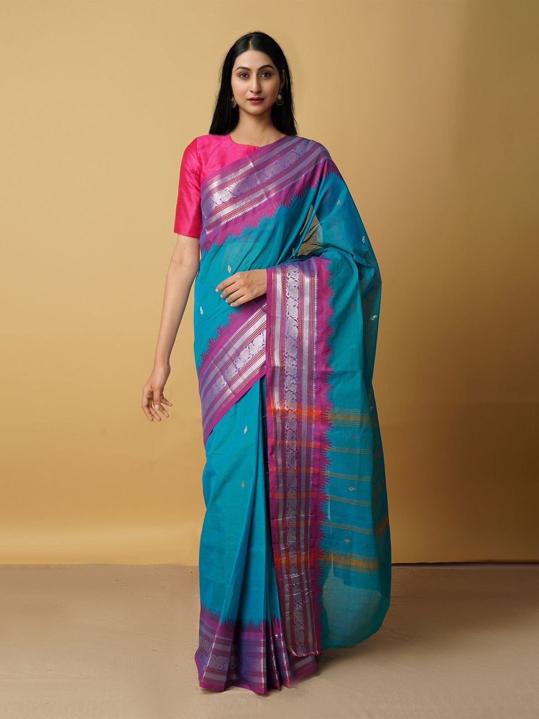 Unnati Silks Women Blue & Pink Woven Design Zari Pure Cotton Chettinad Saree Price in India