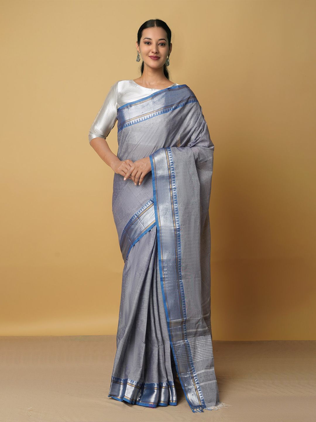 Unnati Silks Grey & Silver-Toned Woven Design Zari Pure Cotton Handloom Chettinad Saree Price in India