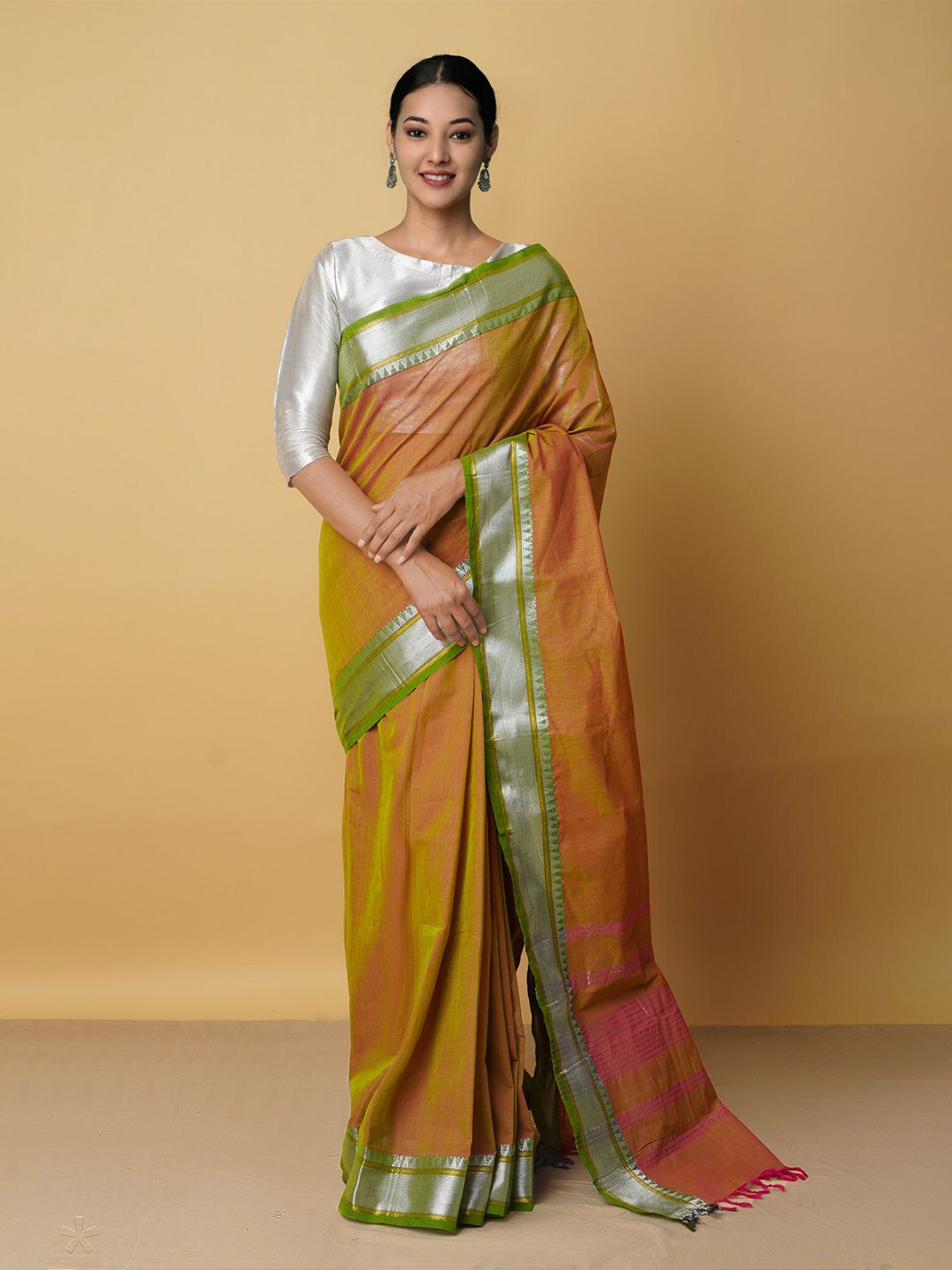 Unnati Silks Mustard & Green Woven Design Zari Pure Cotton Chettinad Saree Price in India