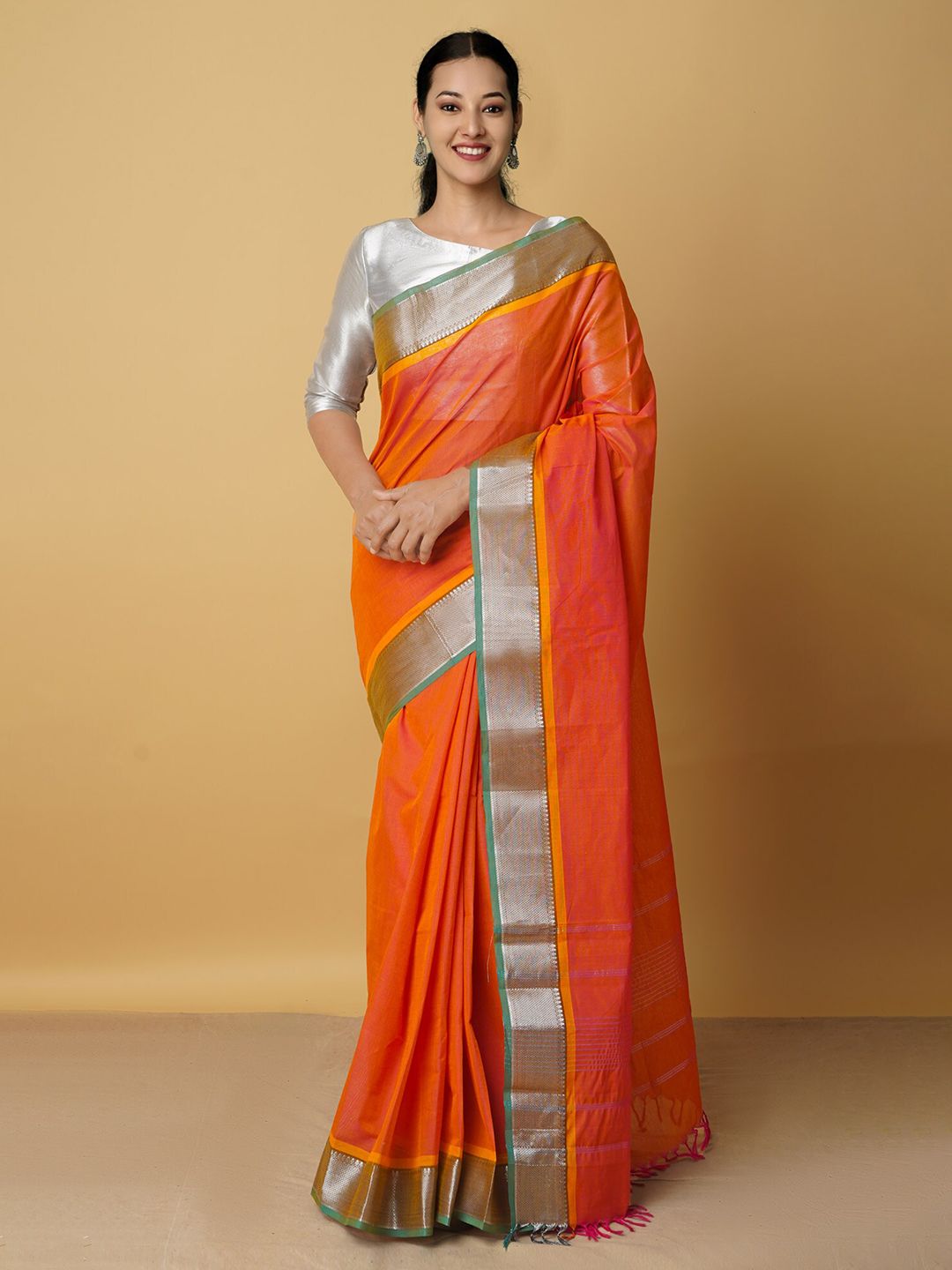 Unnati Silks Orange & Silver-Toned Pure Cotton Zari Border Chettinad Saree Price in India