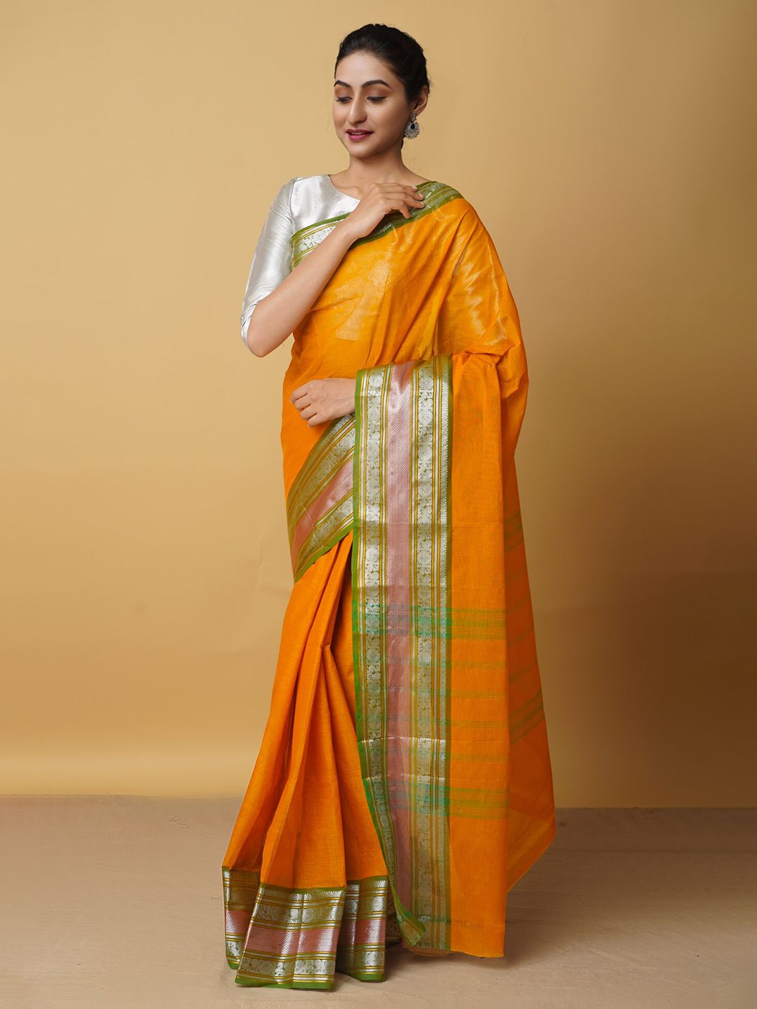 Unnati Silks Orange & Green Zari Pure Cotton Chettinad Saree Price in India