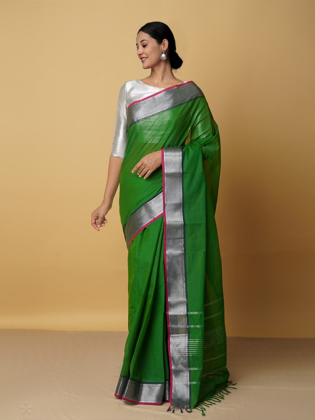 Unnati Silks Green & Red Zari Pure Cotton Chettinad Saree Price in India