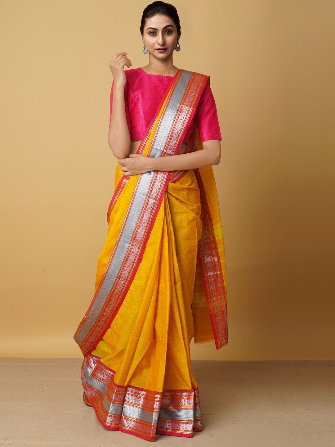 Unnati Silks Yellow & Red Woven Design Zari Pure Cotton Chettinad Saree Price in India