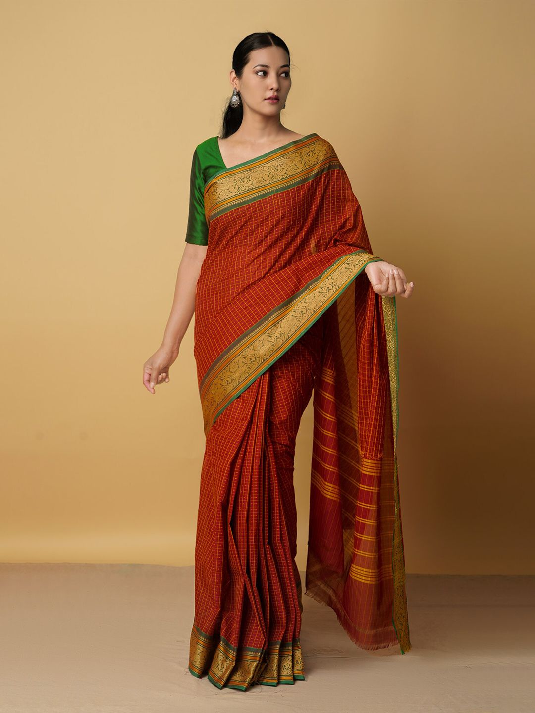 Unnati Silks Maroon & Green Woven Design Pure Cotton Chettinad Saree Price in India