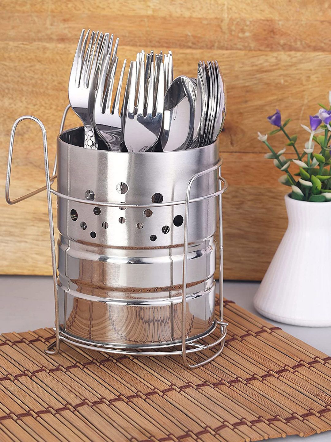 ZEVORA Silver-Colored Solid Cutlery Holder Stand Set 12 Spoons &12 Forks Price in India