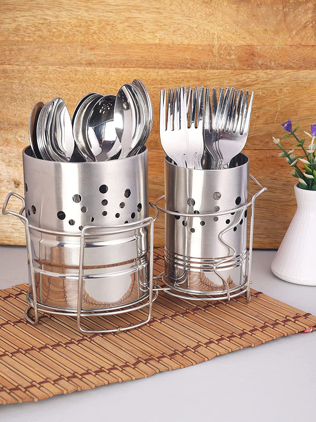 ZEVORA Adults Silver-Toned Stainless Steel Cutlery Holder Stand With 12 Spoons & 12 Forks Price in India