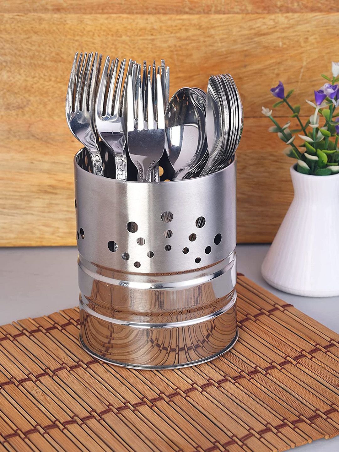 ZEVORA Adults Silver Toned Set of 25 Pieces Solid Steel Cutlery Stand Set Price in India