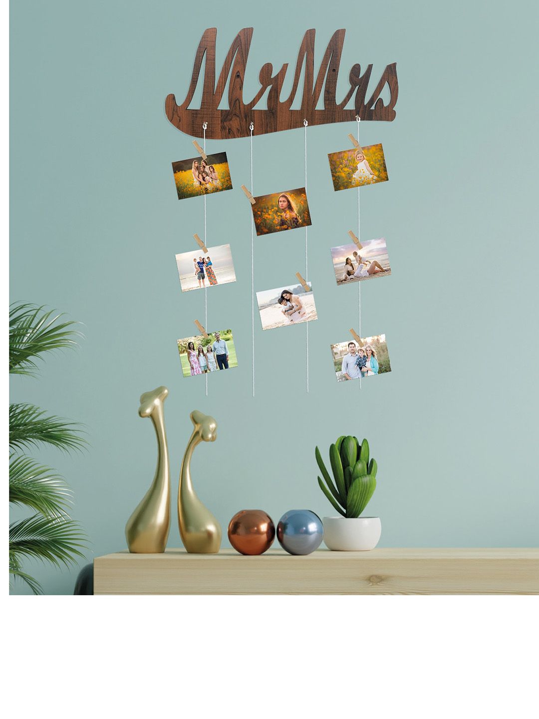 RANDOM Brown 8 Wooden Clips Mr & Mrs Hanging Collage Photo Frame Price in India