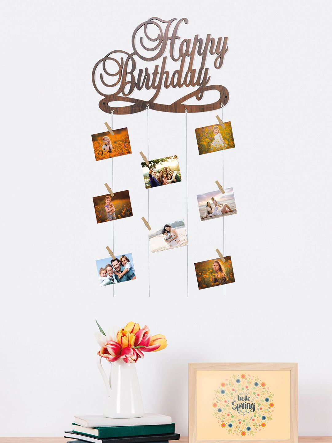 RANDOM Wooden Happy Birthday Rope 8-Picture Hanging Photo Frame with Clips Price in India