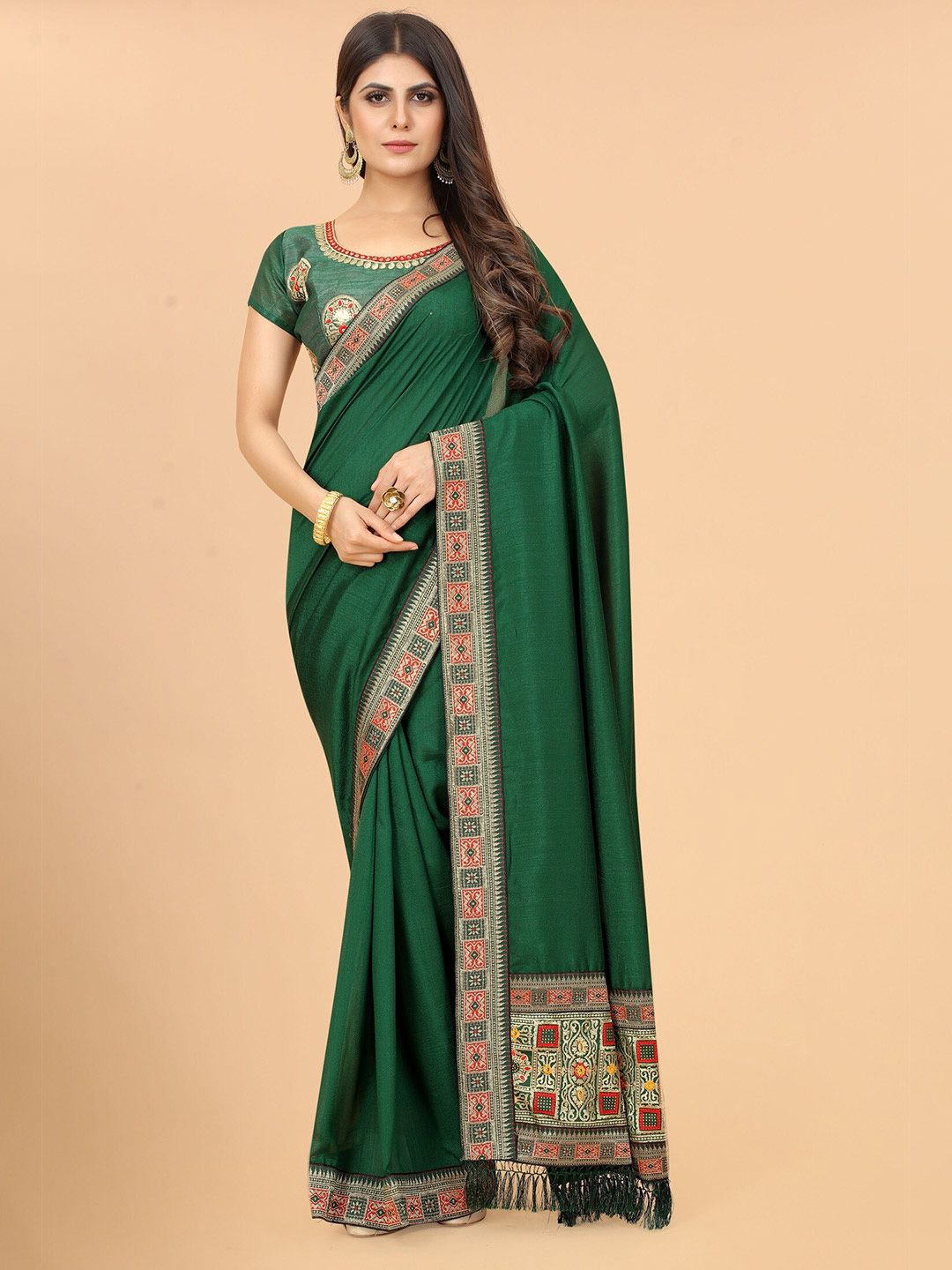 Mitera Green & Red Pure Silk Saree Price in India