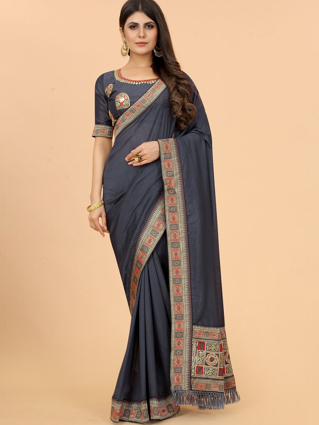 Mitera Grey & Red Zari Pure Silk Saree Price in India