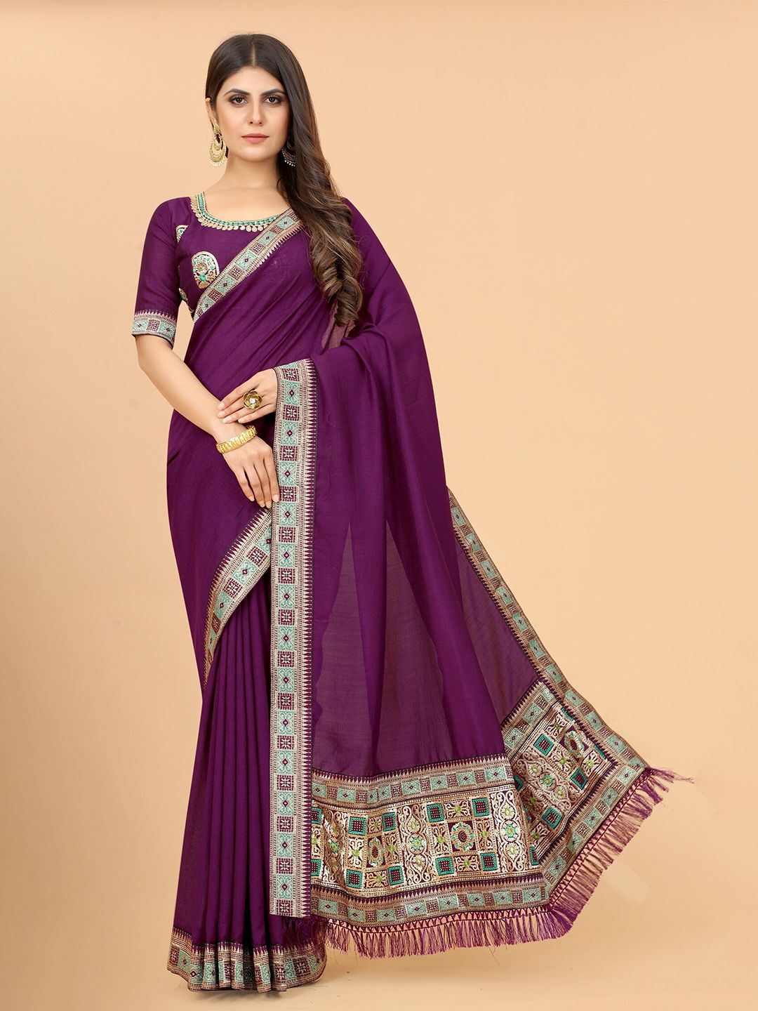 Mitera Purple & Silver-Toned Zari Pure Silk Saree Price in India