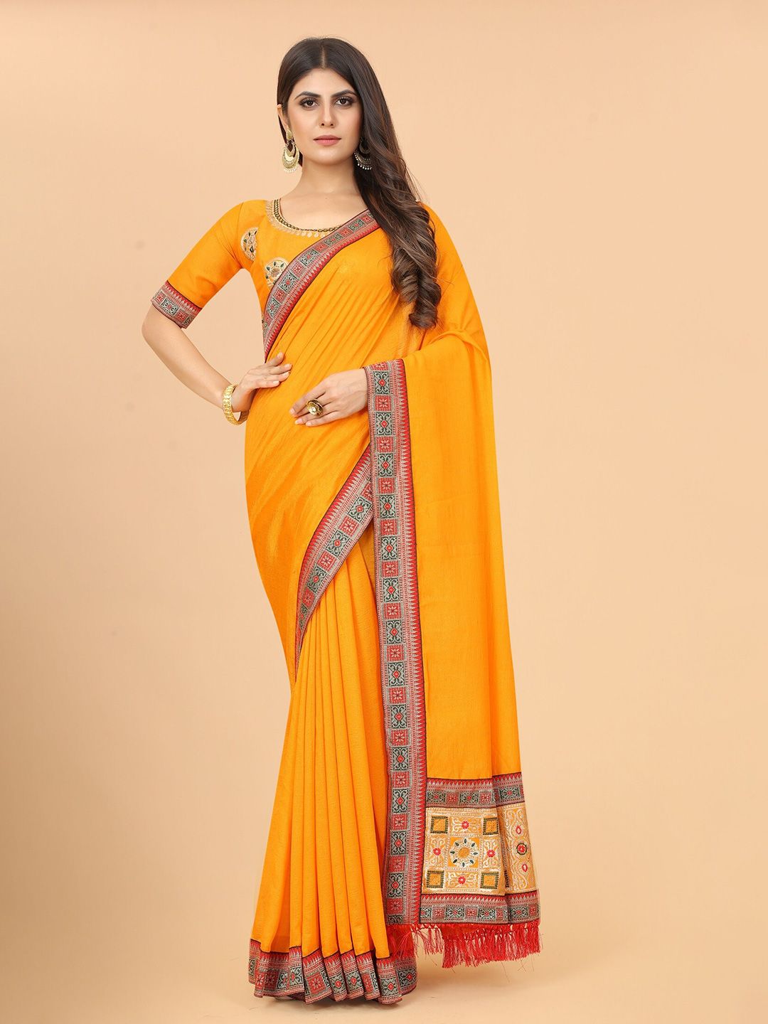 Mitera Yellow & Red Zari Pure Silk Saree Price in India