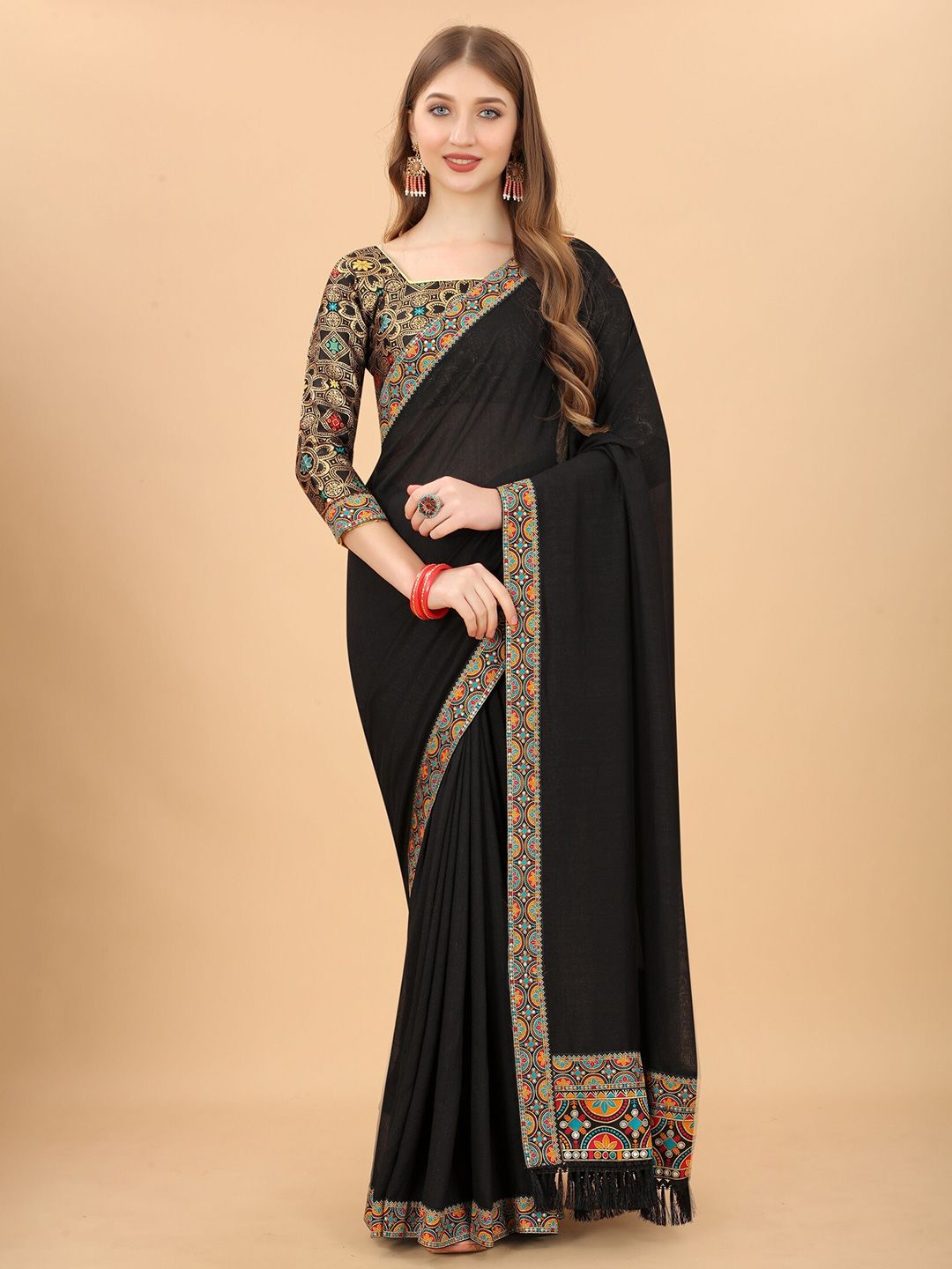 Mitera Black & Orange Pure Silk Saree Price in India