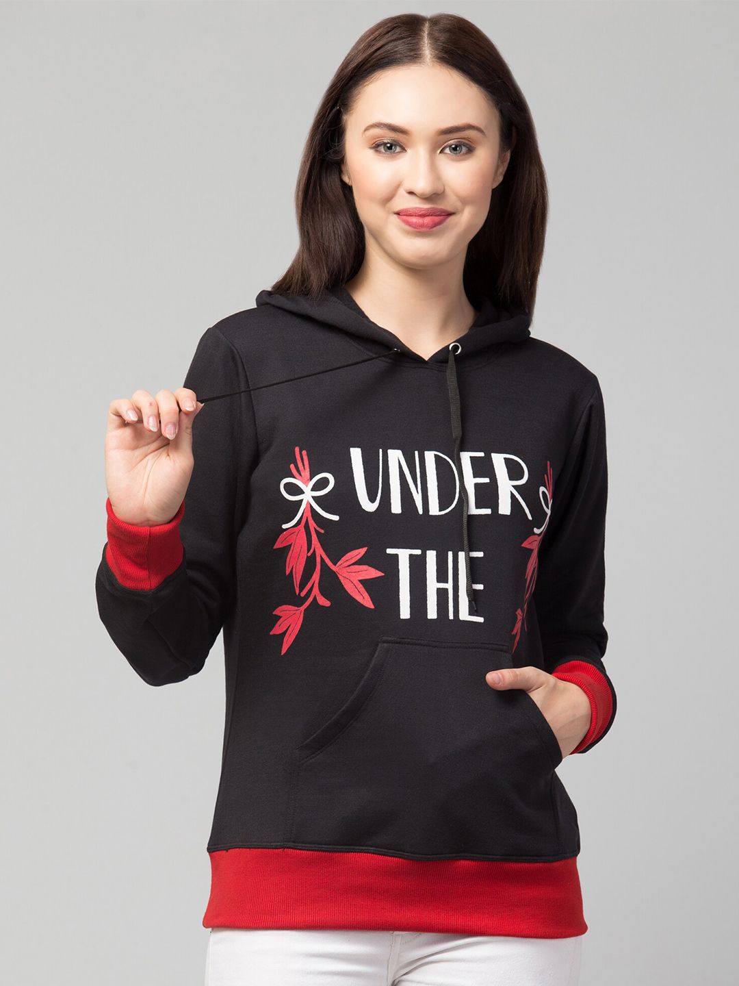 Kushi Flyer Women Black Printed Hooded Sweatshirt Price in India