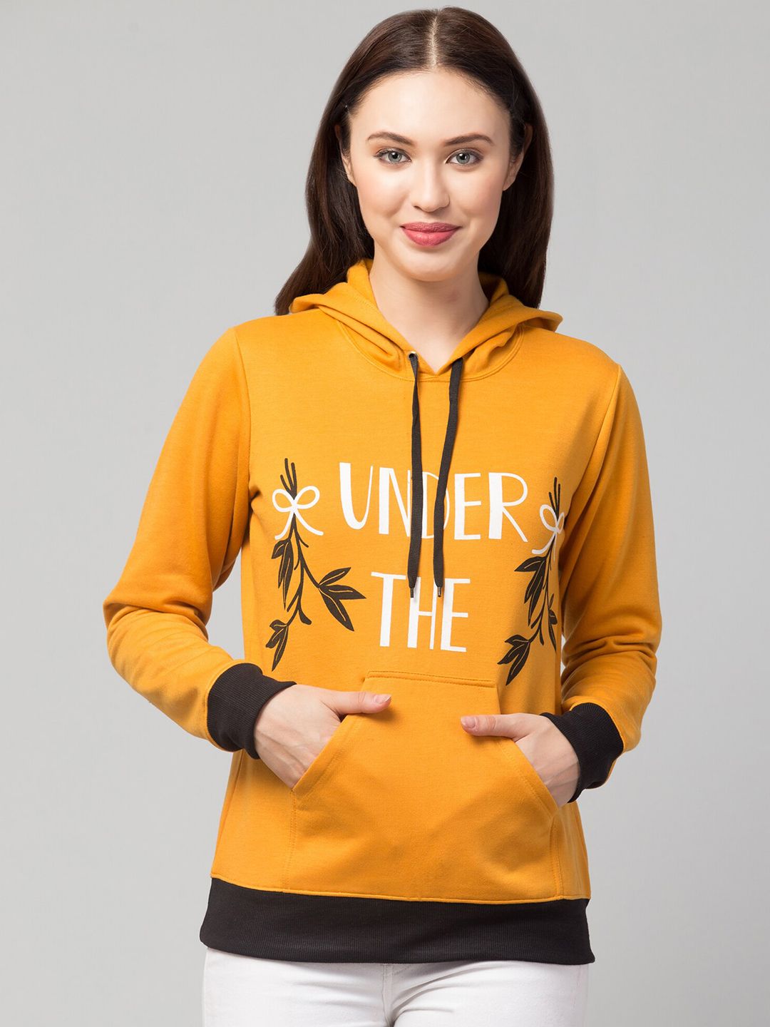 Kushi Flyer Women Mustard Printed Hooded Sweatshirt Price in India