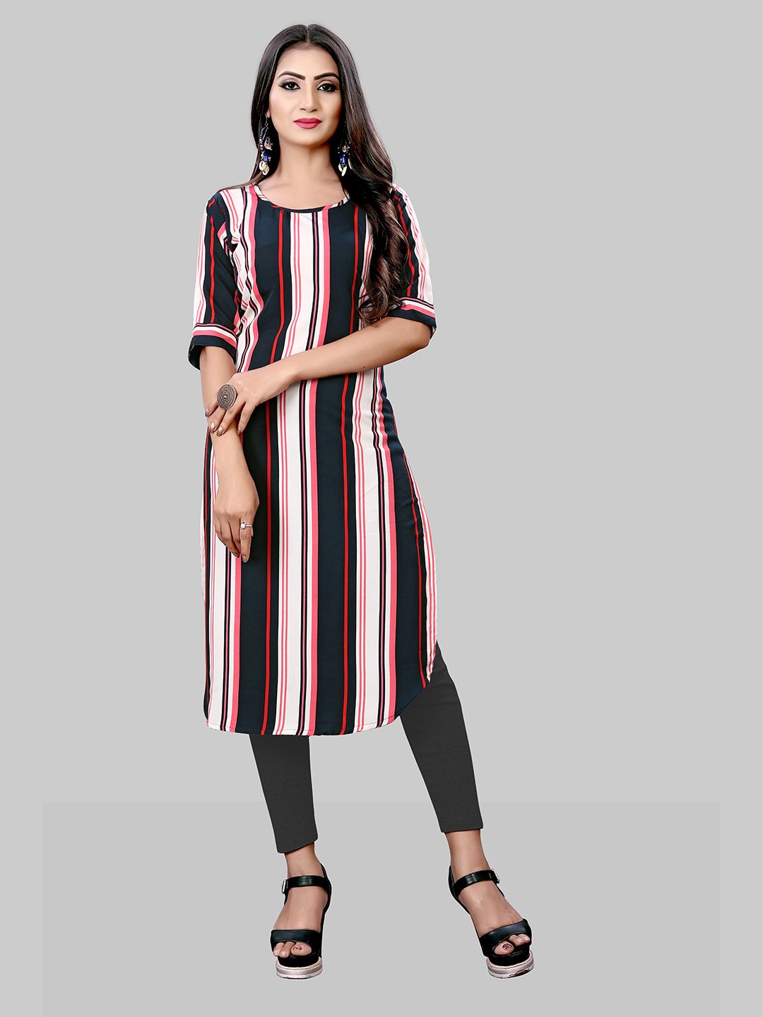 MODLI 20 FASHION Women Peach-Coloured & Navy Blue Striped Casual Kurta Price in India