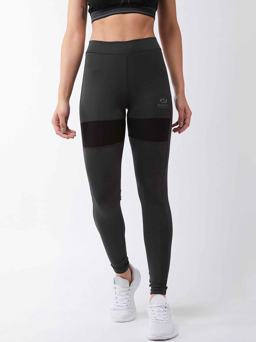 Masch Sports Women Grey & Black Colourblocked Dri-Fit Tights Price in India