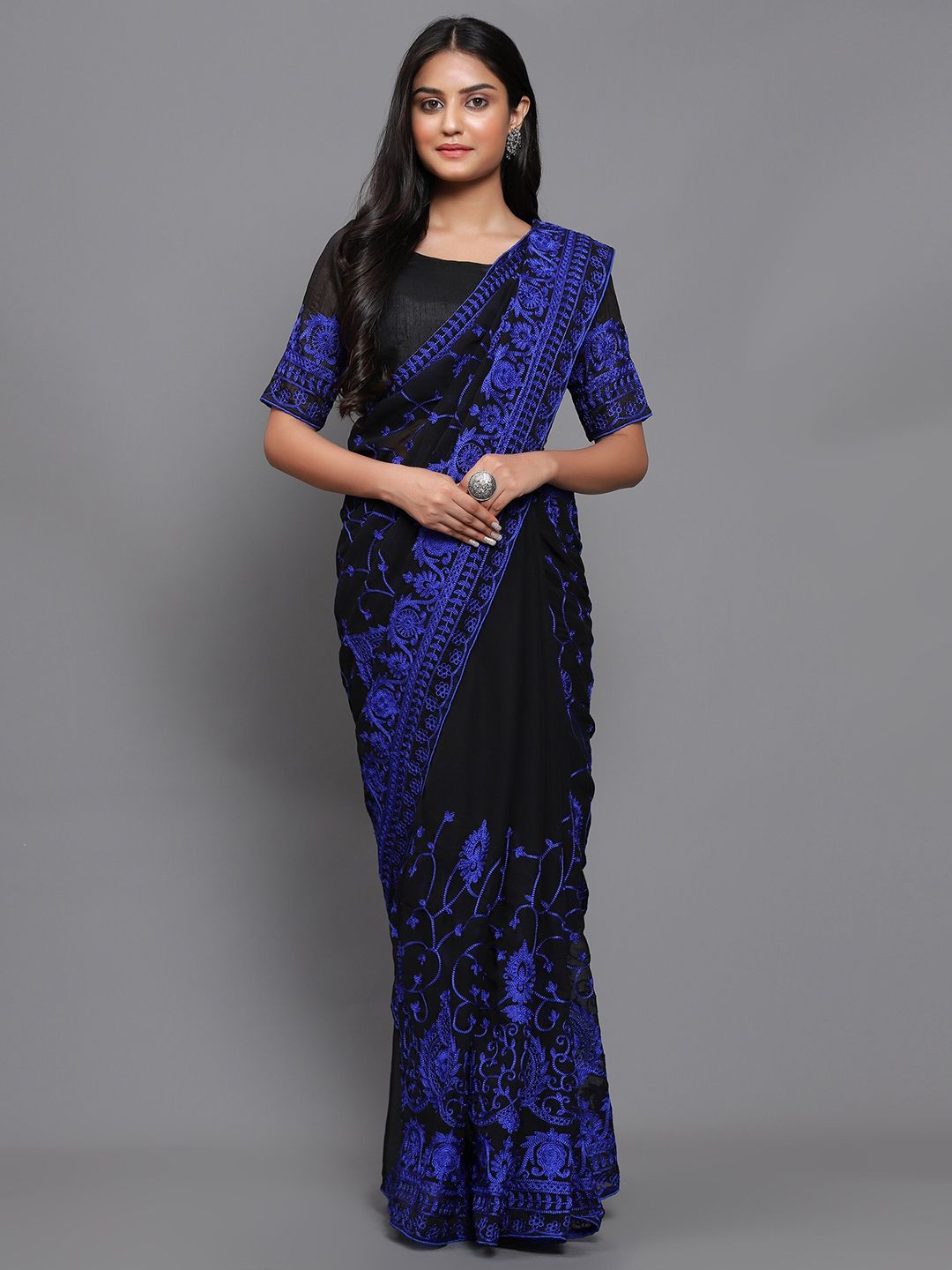 3BUDDY FASHION Black & Blue Floral Embroidered Venkatgiri Saree Price in India