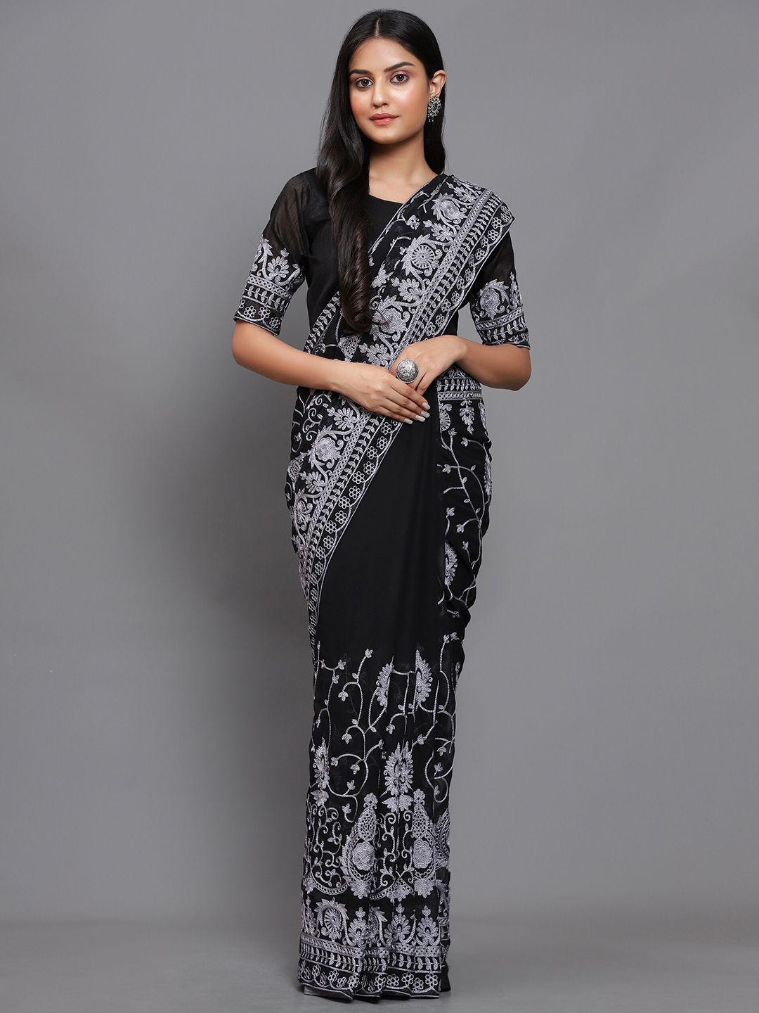 3BUDDY FASHION Black & Silver-Toned Floral Embroidered Venkatgiri Saree Price in India