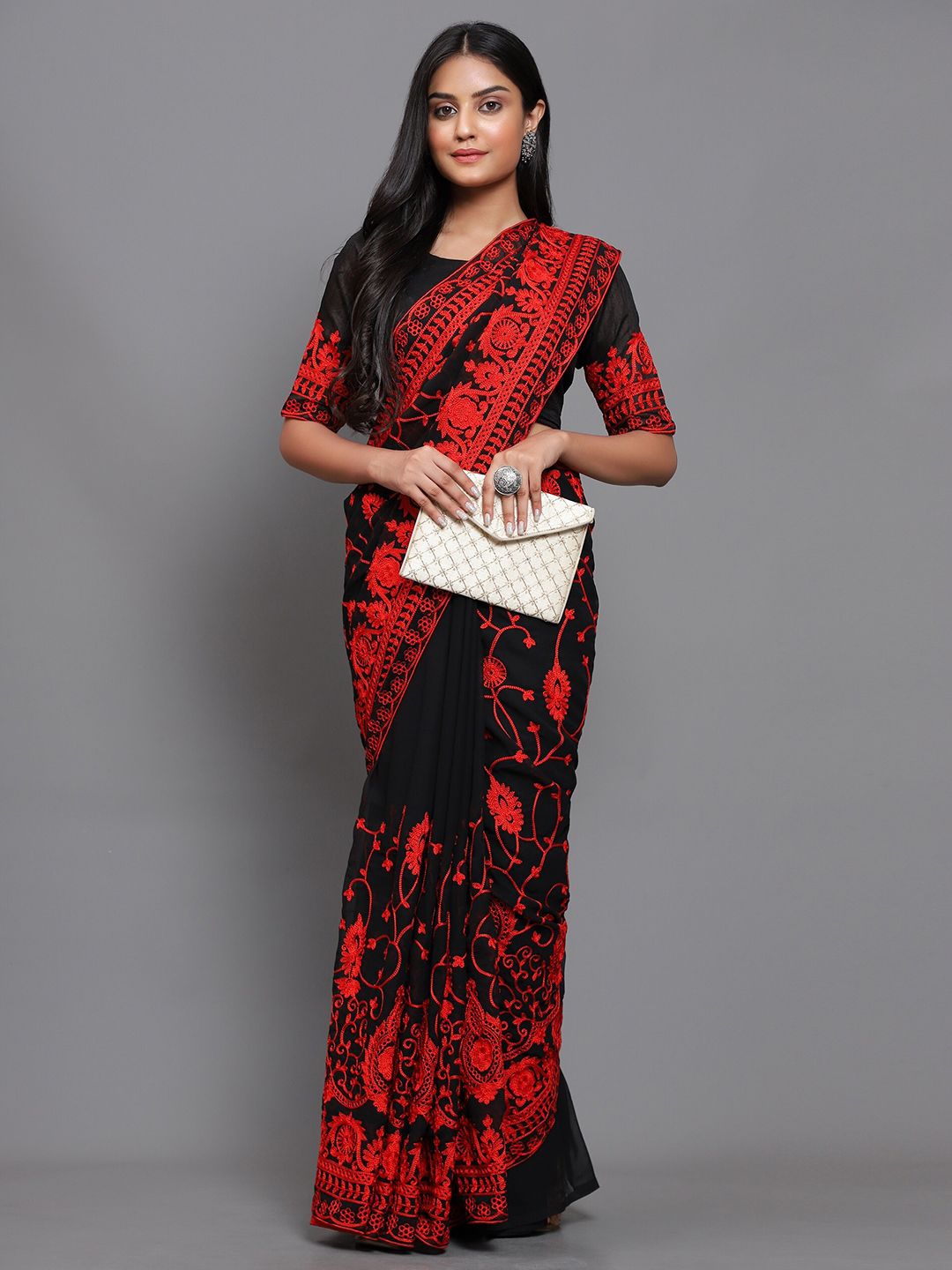 3BUDDY FASHION Red & Black Floral Embroidered Venkatgiri Saree Price in India