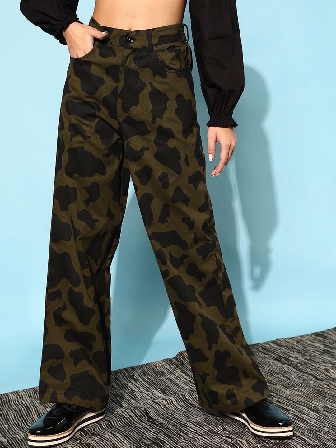 STREET 9 Women Olive Green Camouflage Printed Loose Fit High-Rise Joggers Trousers Price in India