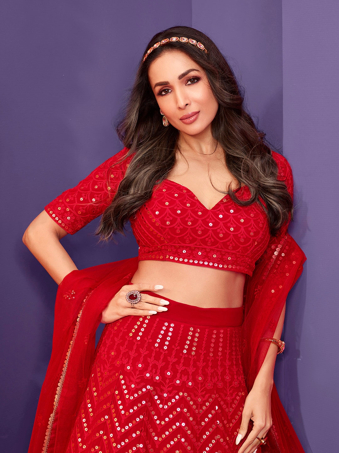 Inddus Red Embroidered Sequinned Semi-Stitched Lehenga & Unstitched Blouse With Dupatta Price in India