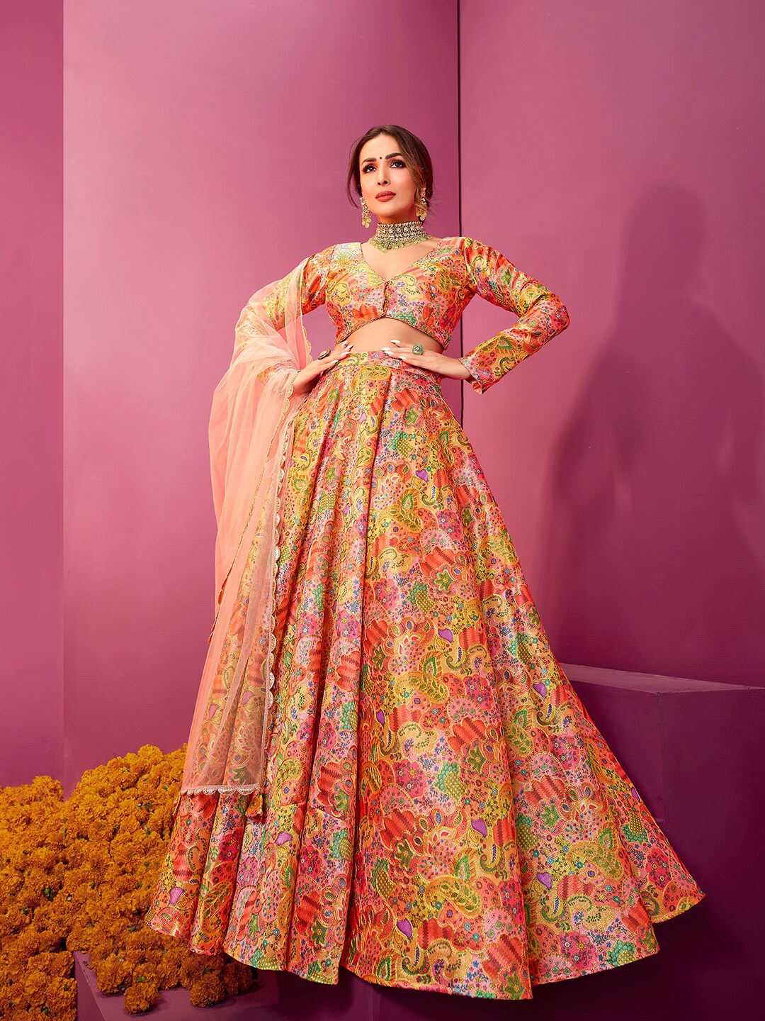 Inddus Multicoloured Embroidered Thread Work Semi-Stitched Lehenga & Unstitched Blouse With Dupatta Price in India