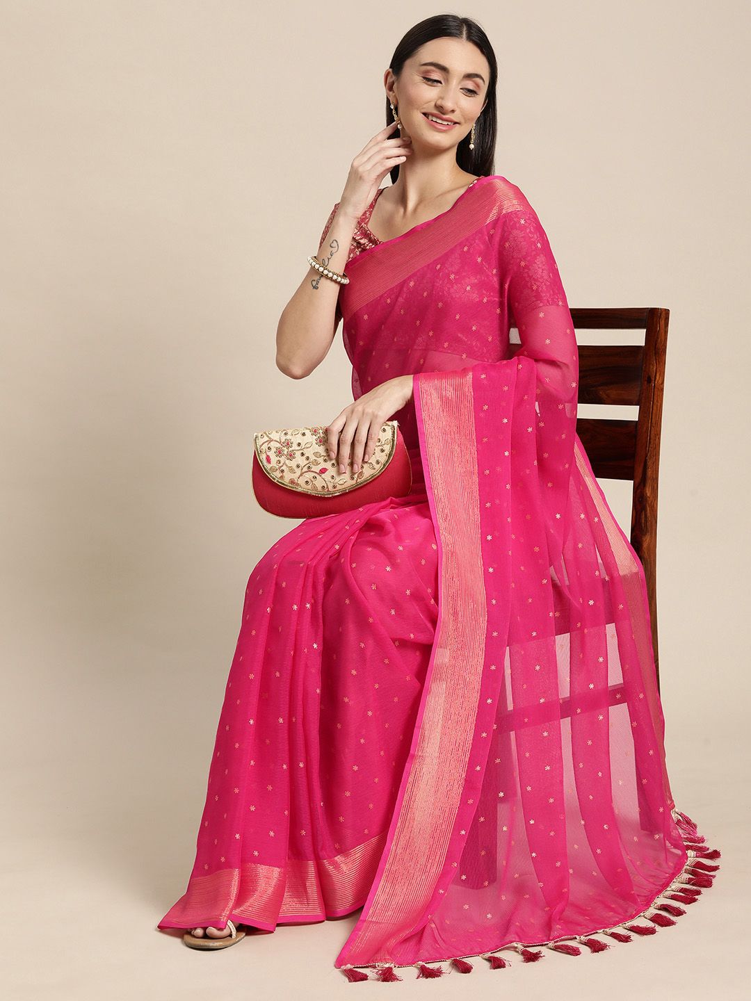 Mitera Pink & Gold-Toned Floral Zari Pure Chiffon Saree Price in India