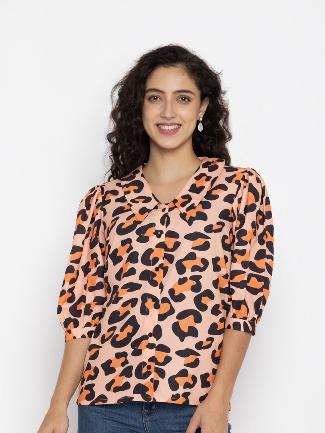 SEW YOU SOON Cream-Coloured & Black Animal Print shirt type Top Price in India