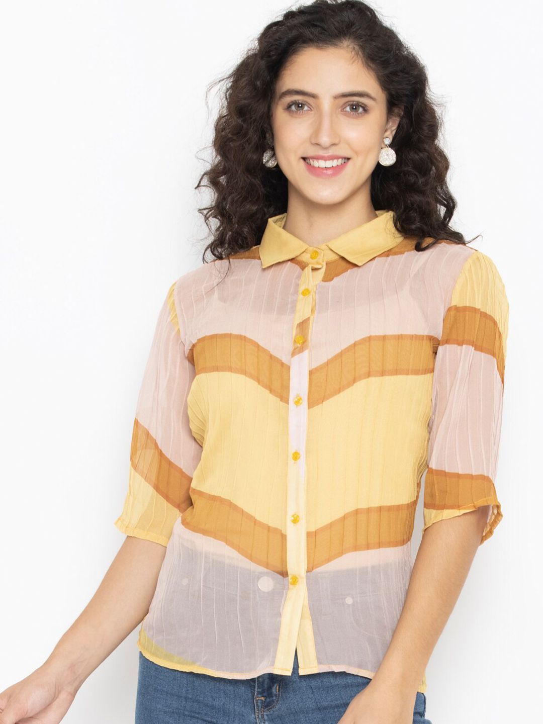 SEW YOU SOON Women Yellow & Brown Geometric Print Shirt Style Top Price in India