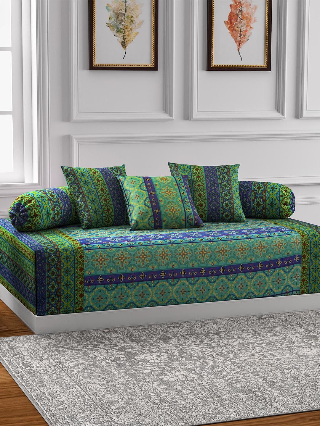 SWAYAM Blue & Sea Green 210 TC Cotton Printed Single Diwan Set