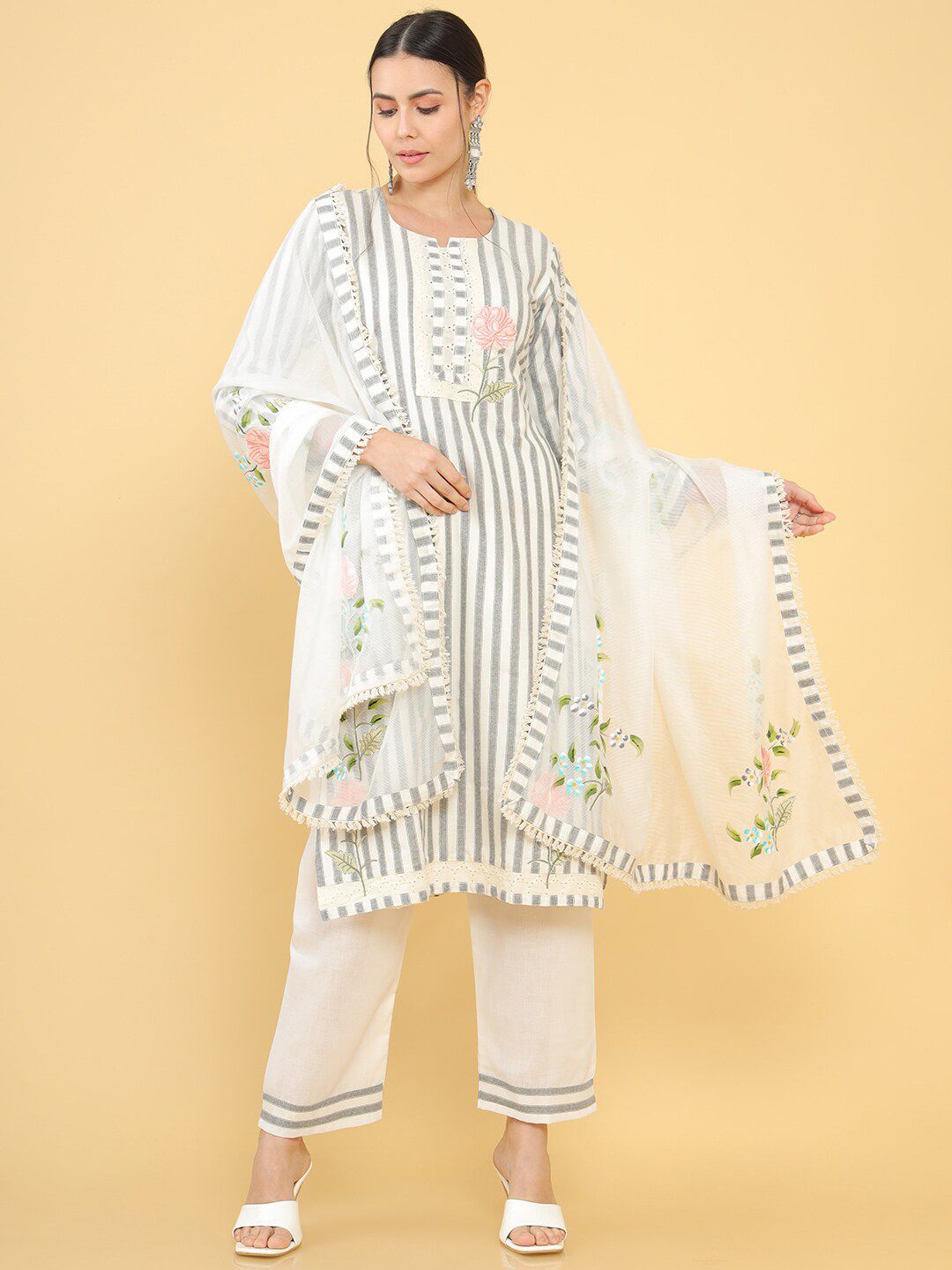 Soch Grey & White Printed Unstitched Dress Material Price in India