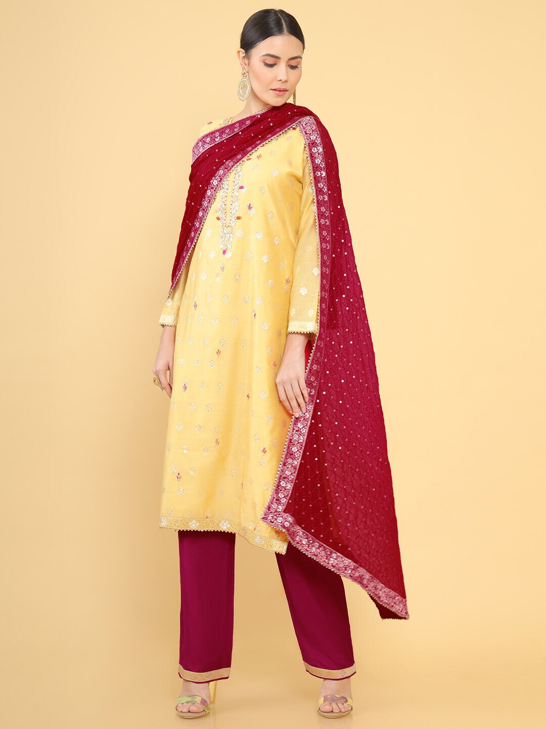 Soch Yellow & Maroon Embroidered Pure Silk Unstitched Dress Material Price in India
