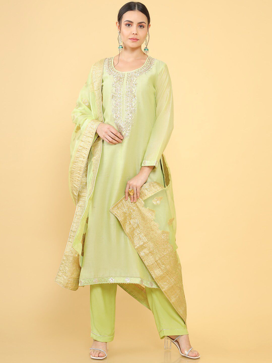 Soch Green & Gold-Toned Embellished Pure Silk Unstitched Dress Material Price in India