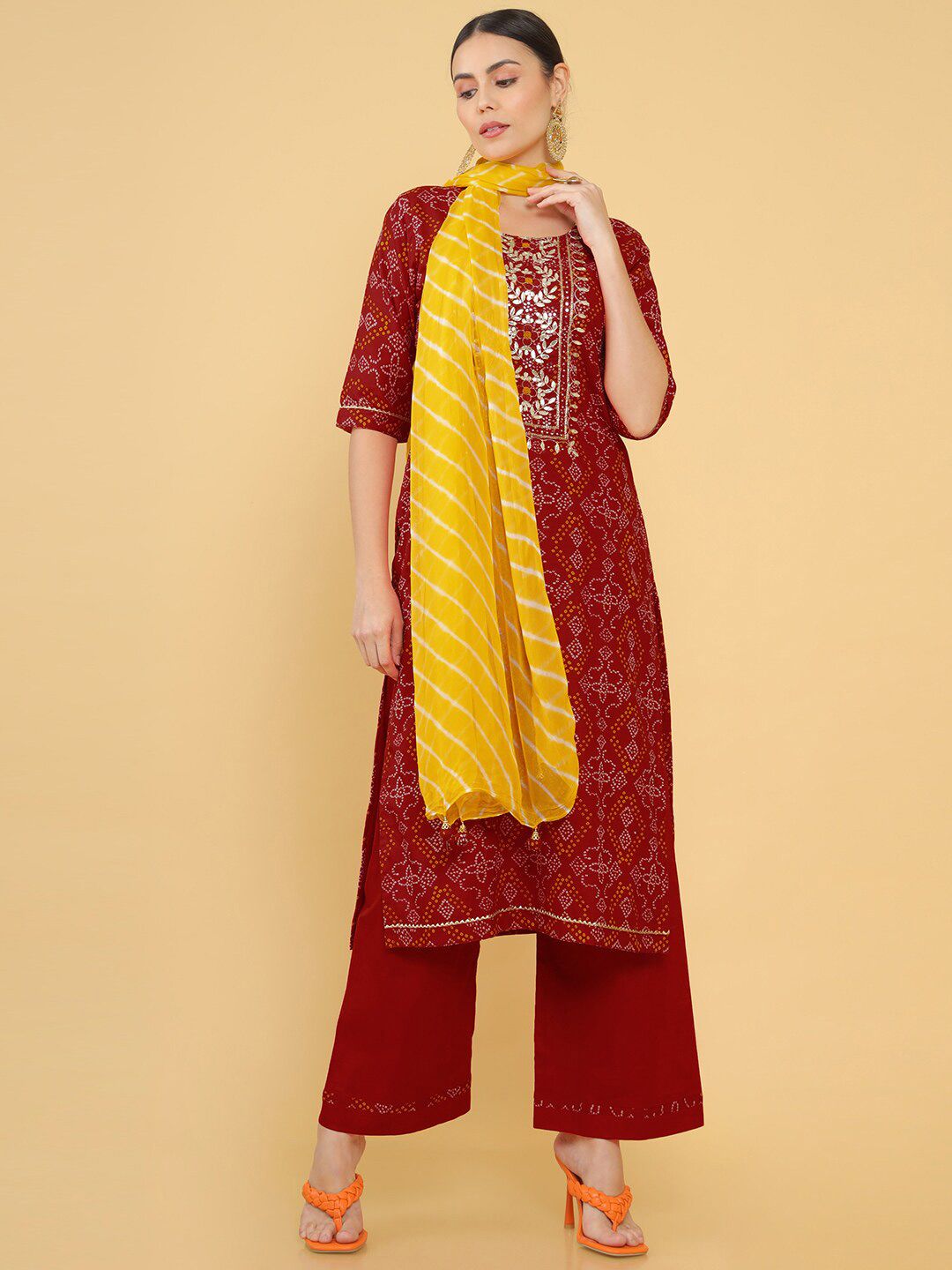 Soch Red & Yellow Printed Unstitched Dress Material Price in India