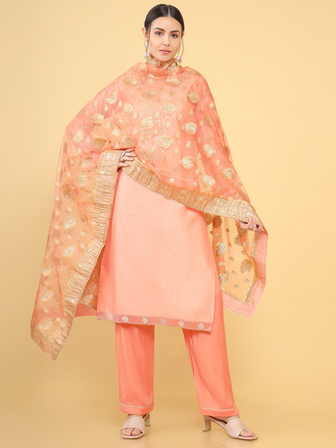 Soch Women Pink & Gold-Toned Pure Silk Unstitched Dress Material Price in India