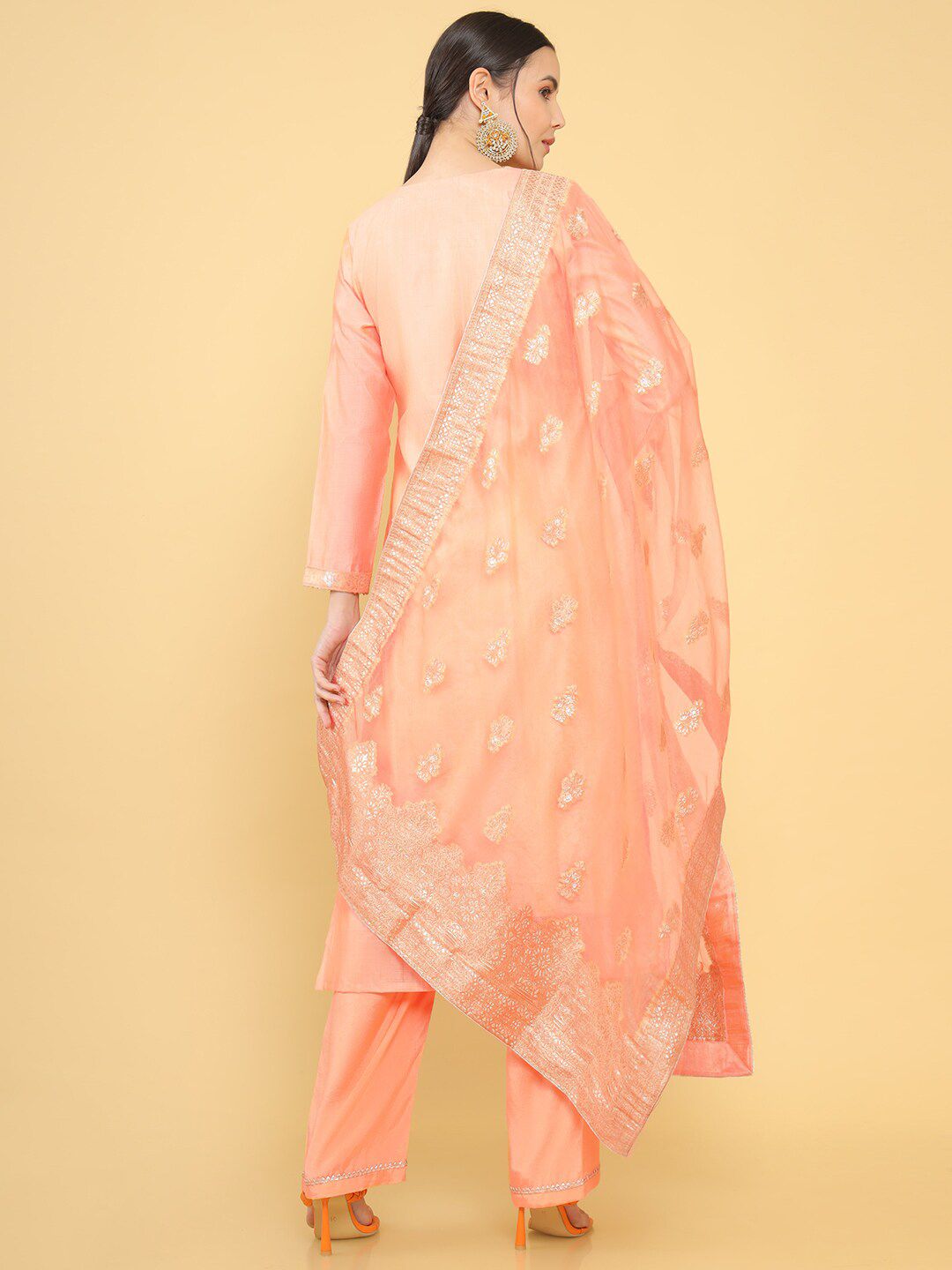 Soch Women Peach & Gold-Toned Pure Silk Unstitched Dress Material Price in India