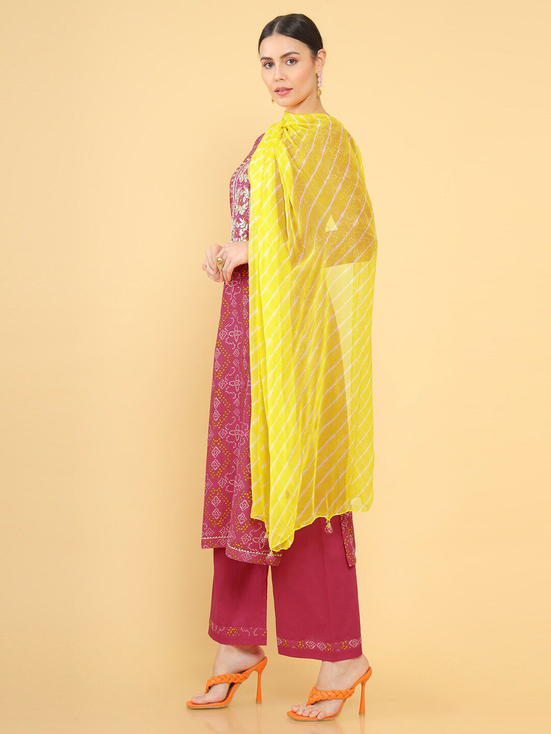 Soch Pink & Yellow Printed Unstitched Dress Material Price in India