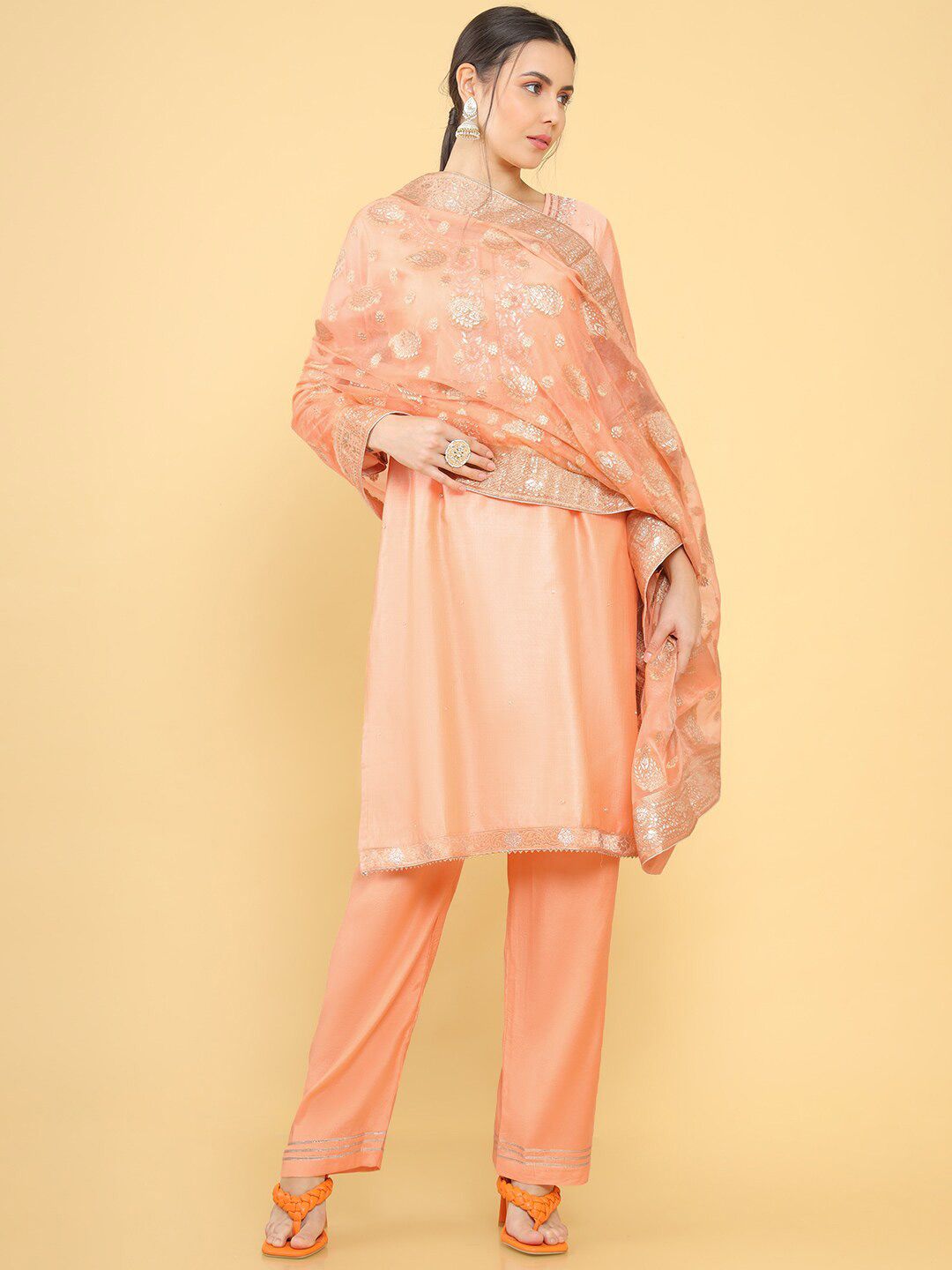 Soch Peach-Coloured & Gold-Toned Pure Silk Unstitched Dress Material Price in India