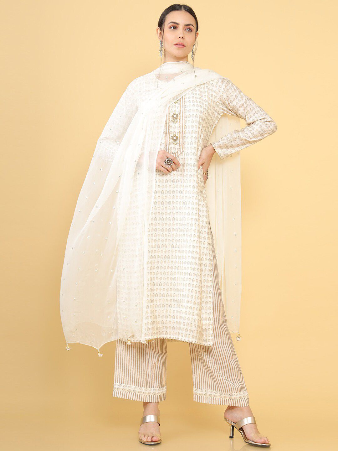 Soch Cream-Coloured & Gold-Toned Printed Unstitched Dress Material Price in India