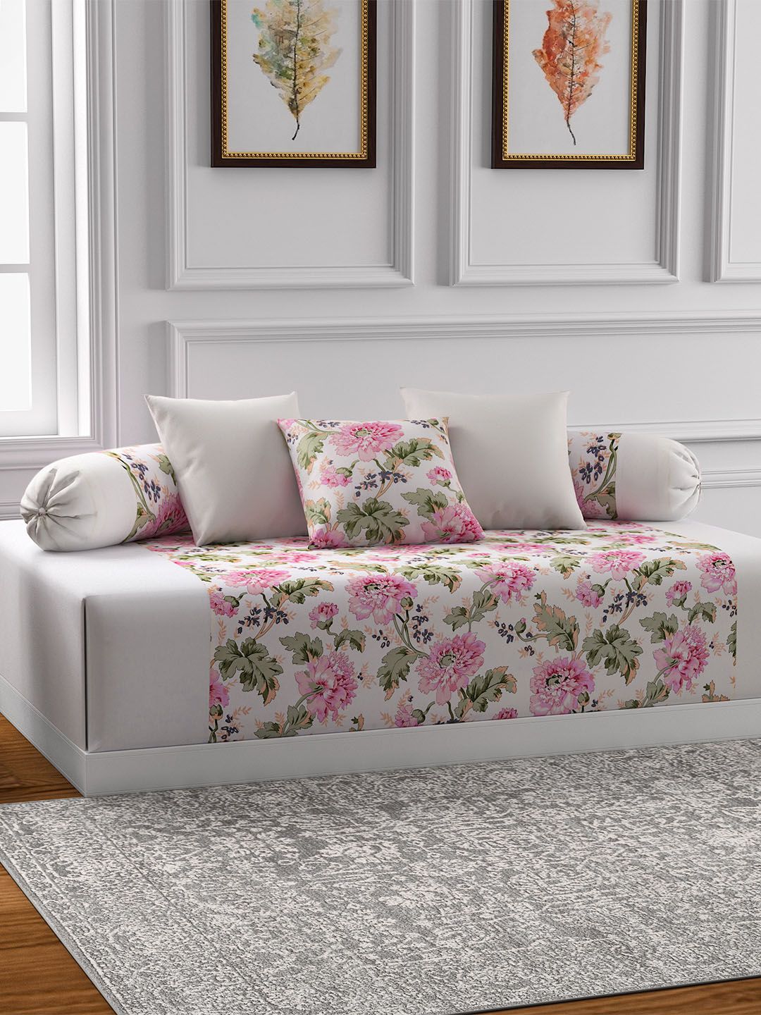 Swayam Cream & Pink Floral Print Diwan Set with Bolster and Cushion Covers Price in India