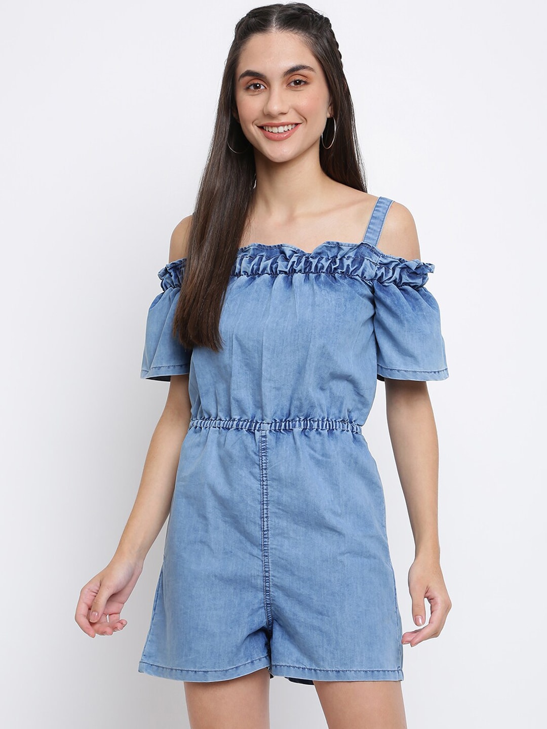 Belliskey Blue Off-Shoulder With Ruffles Jumpsuit Price in India