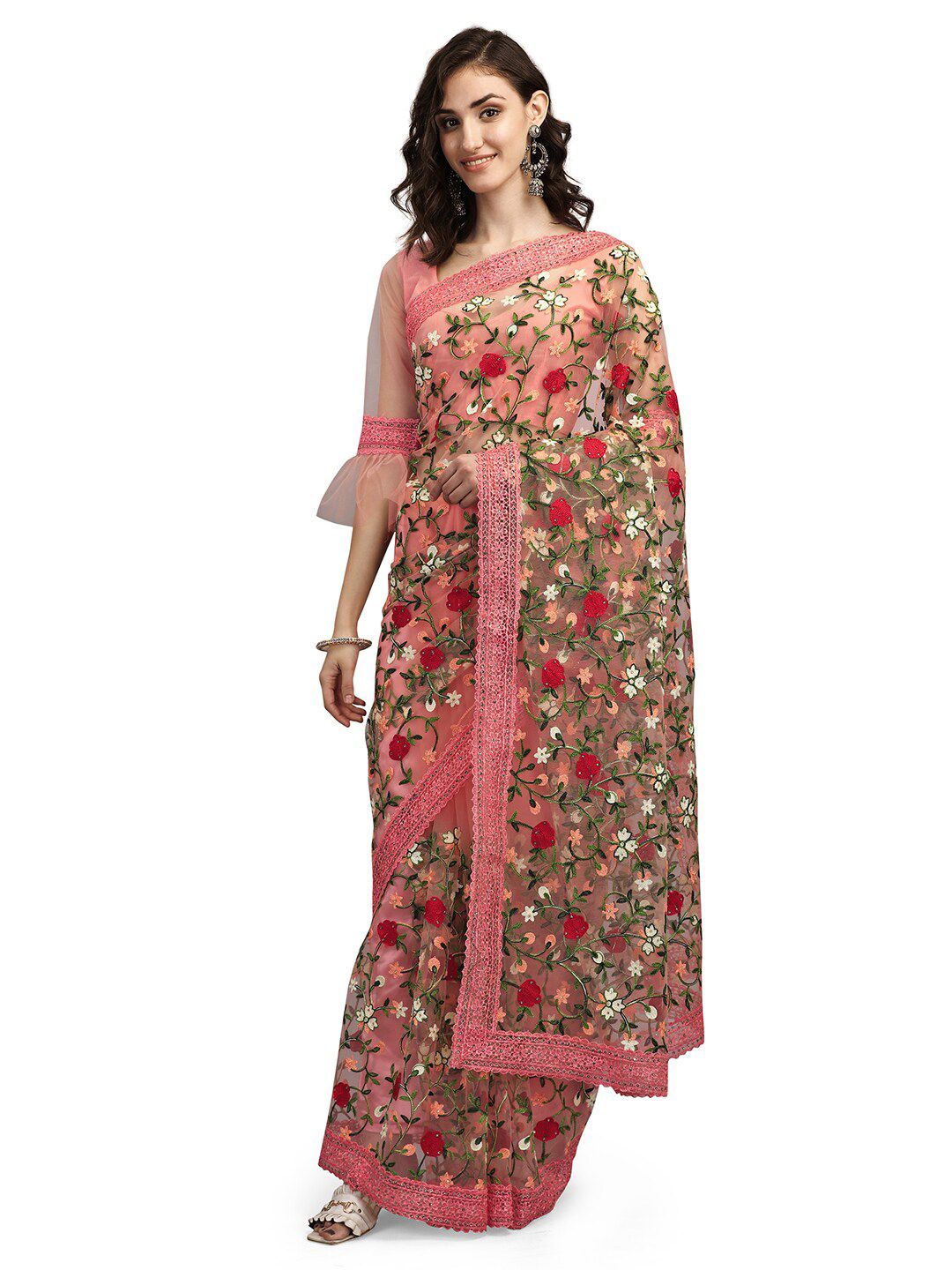Pisara Peach-Coloured & Red Embellished Net Saree Price in India