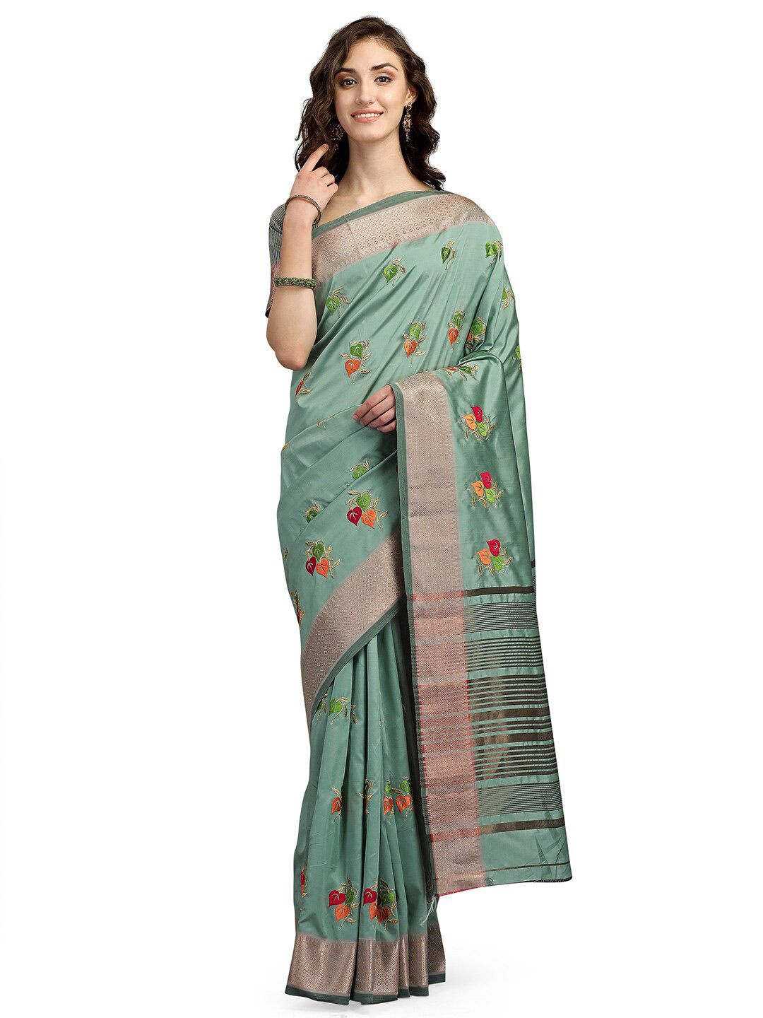 Pisara Green & Orange Floral Embroidered Silk Cotton Banarasi Saree Price in India