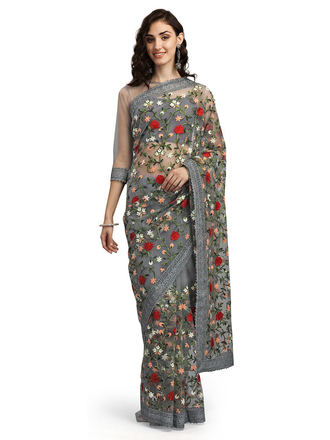 Pisara Grey & Green Embellished Embroidered Net Saree Price in India