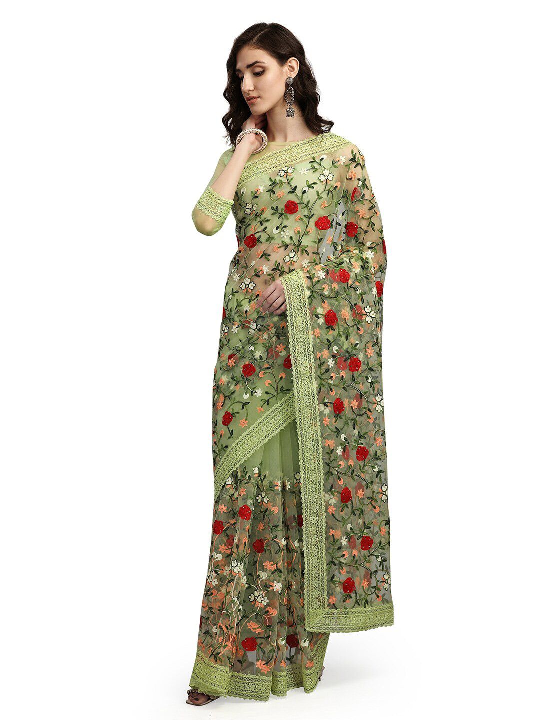Pisara Olive Green & Red Floral Embroidered Net Saree Price in India