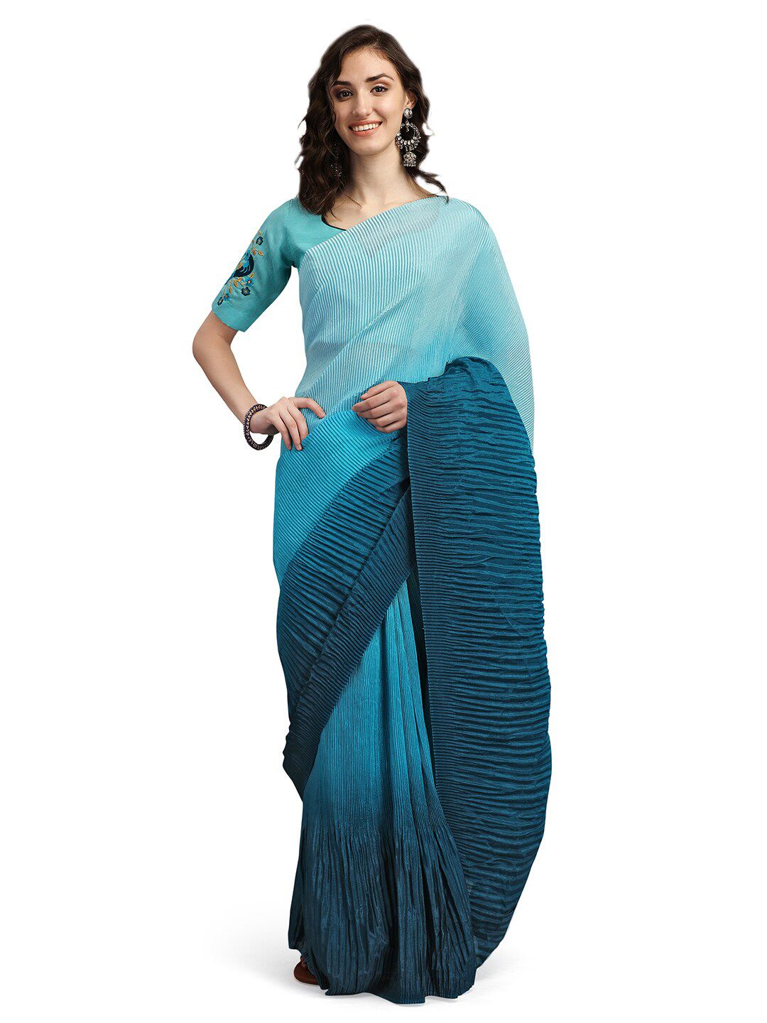 Pisara Women Blue Silk Blend Pleated Crush Saree Price in India